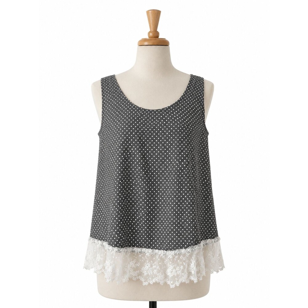 Farmhouse Frocks Tunic Tank Top Size Small Grey White Polka Dot Lace Trim